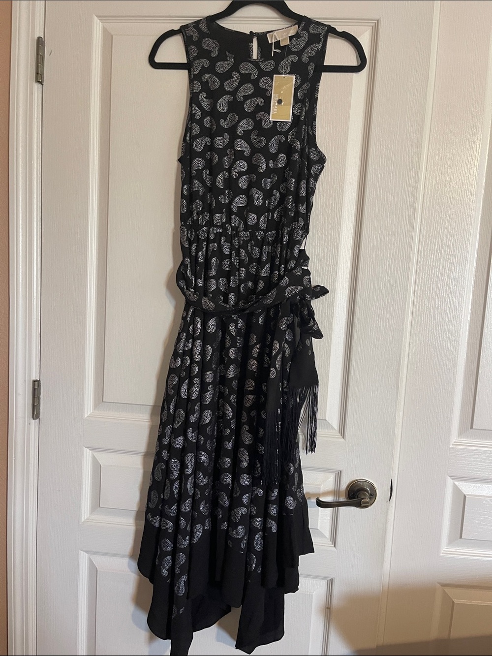 New Michael Kors Black Paisley Dress with Waist Tie